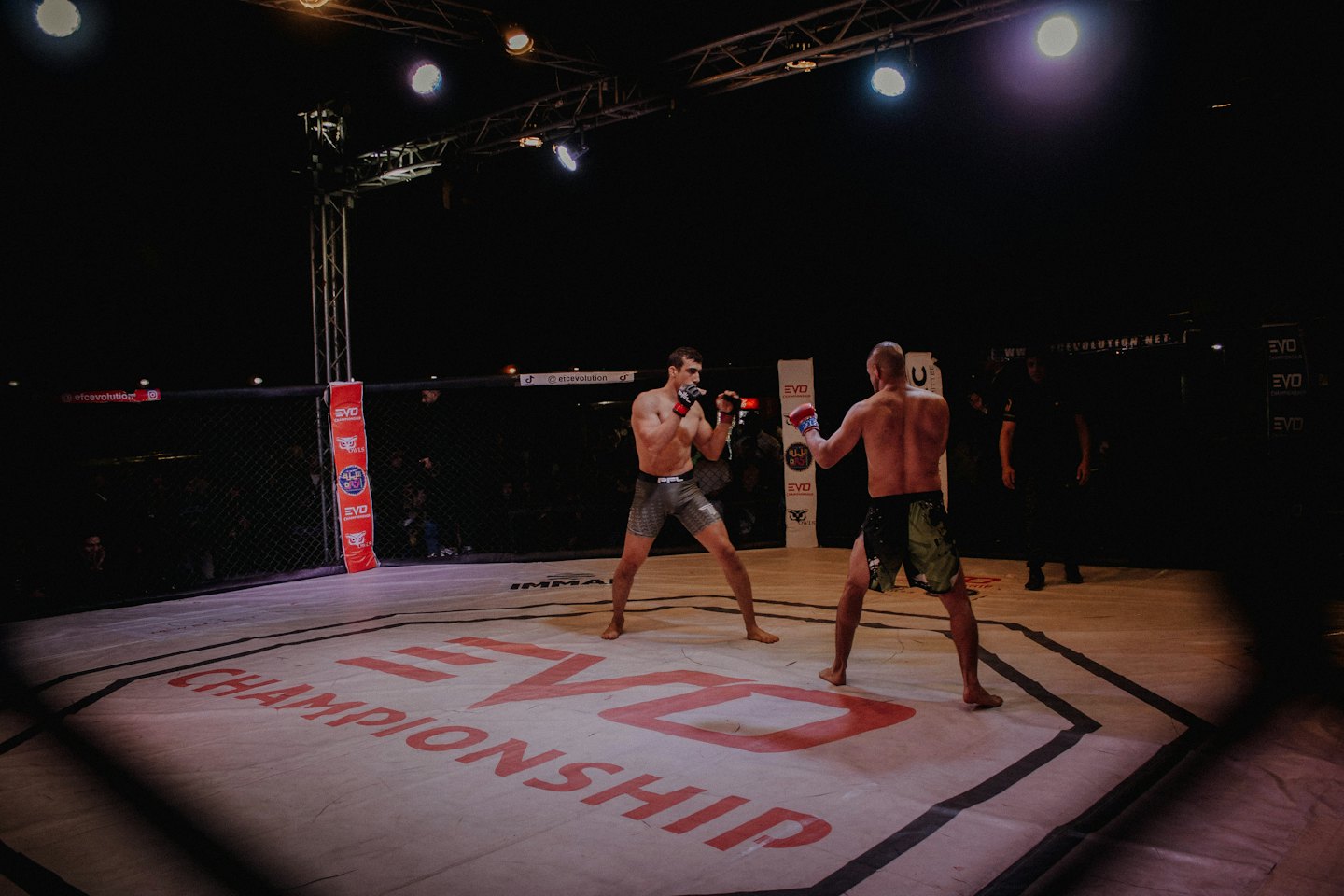 Two mixed martial arts fighters face off inside an octagonal cage.