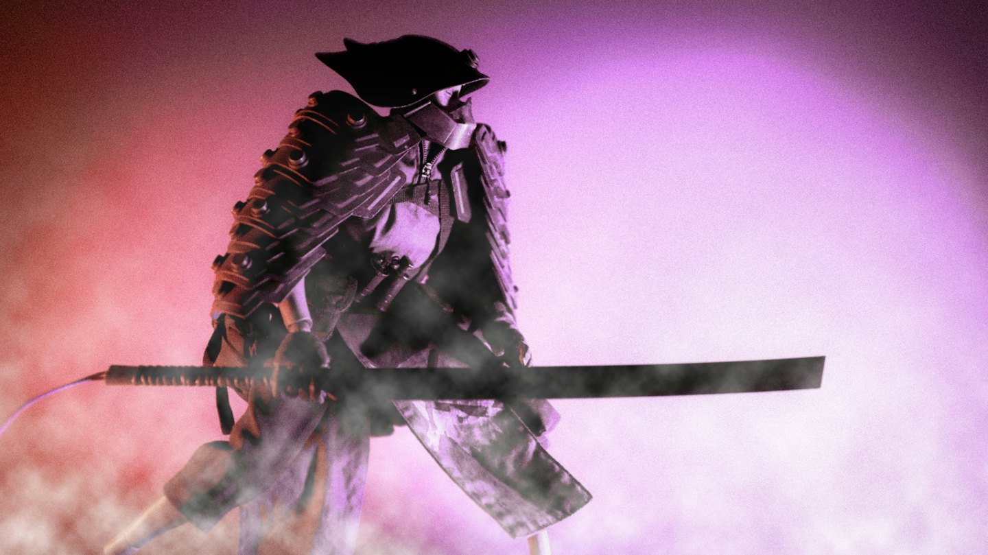 Samurai in futuristic armor with a glowing sword.