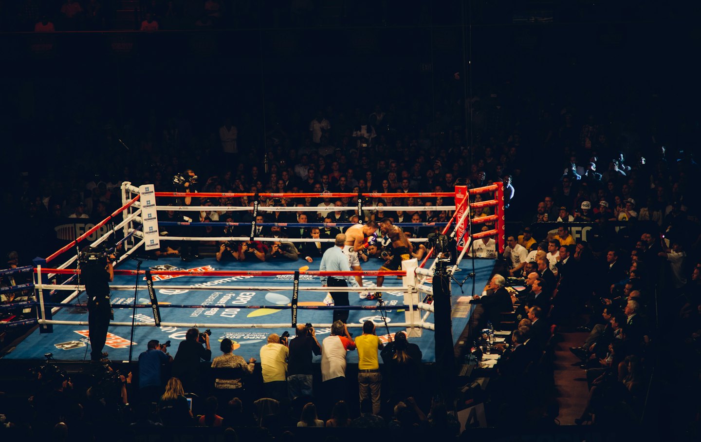 Two boxers fight in a boxing ring with a referee.