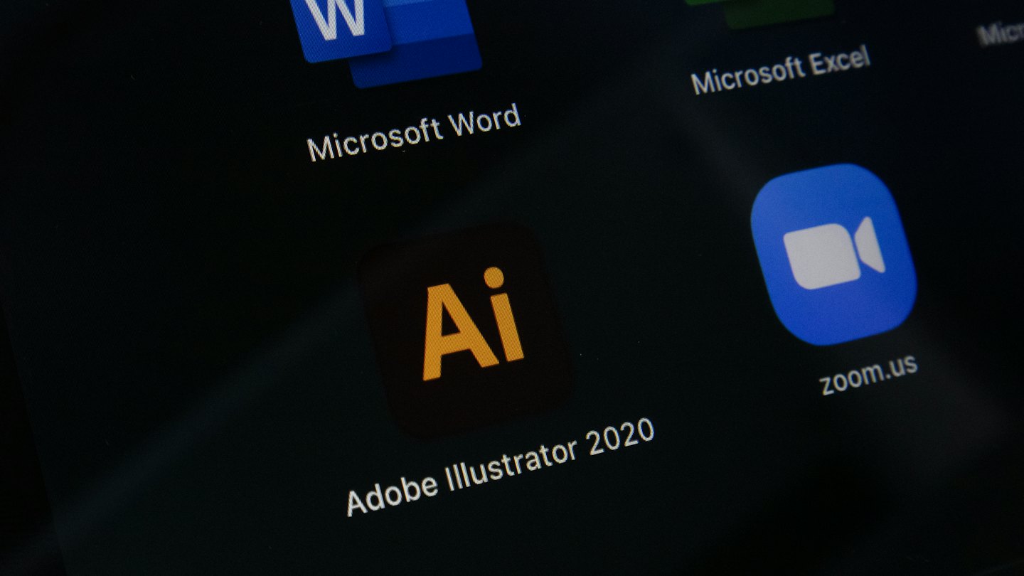 Software application icons and labels on a dark digital screen.